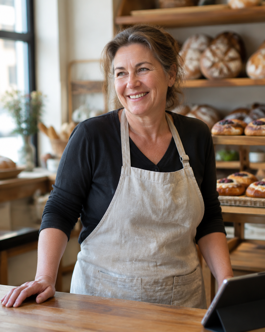 Bakery owner smiling behind her counter